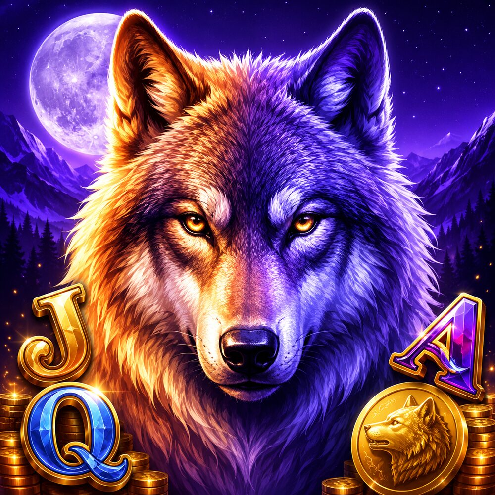 Mystic Wolf Slots wolf artwork with J, Q, A slot symbols