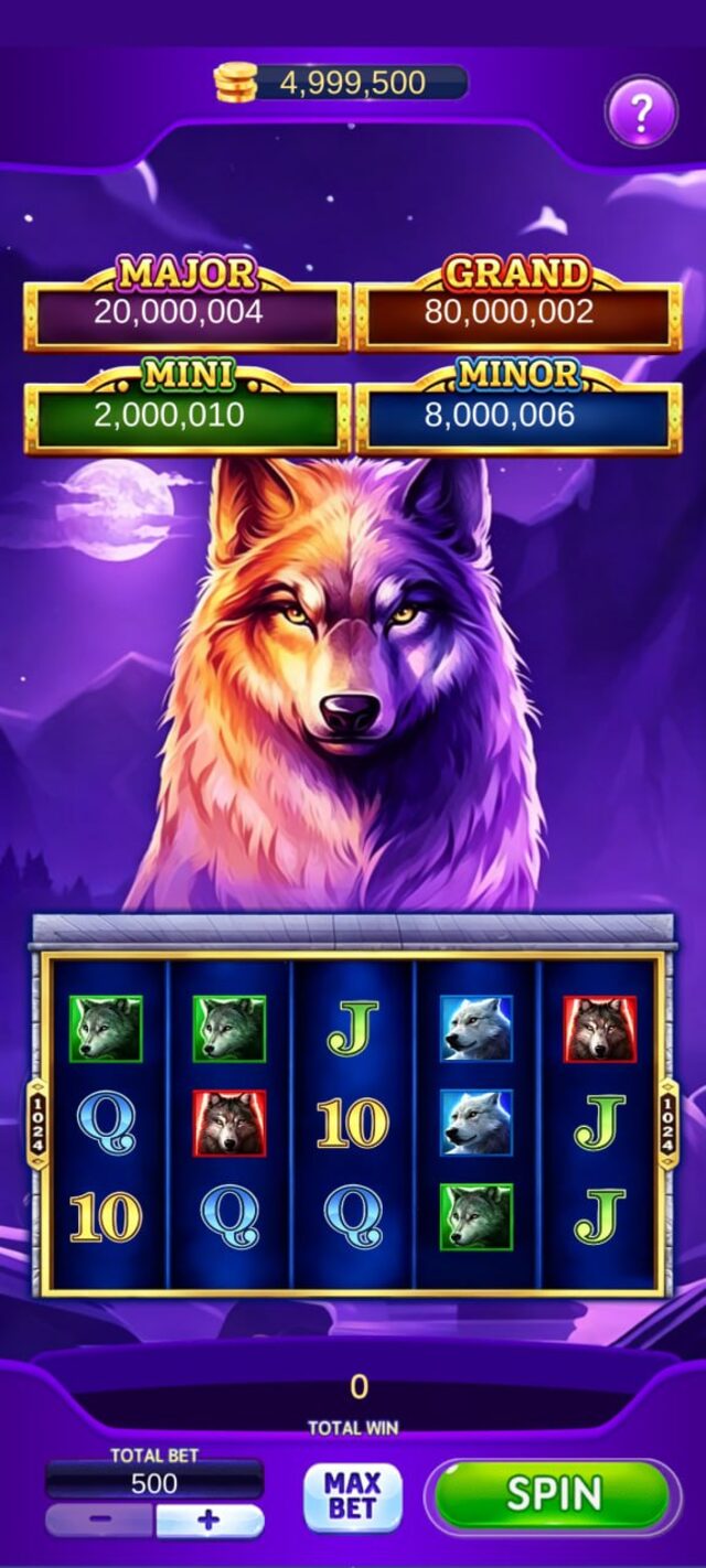 Mystic Wolf Slots gameplay screenshot showing jackpots and slot reels